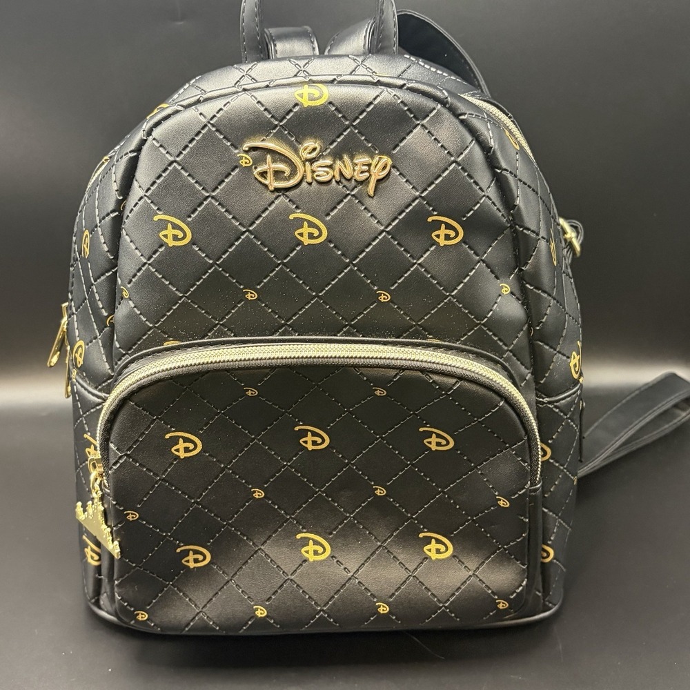 Disney Loungefly Mickey Mouse Mini Backpack Black Gold Quilted Faux Leather - Picture 15 of 16